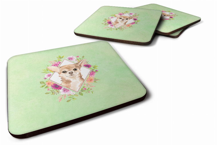 Green Flowers Design with Dog Foam Coaster Set of 4 - 194030077269