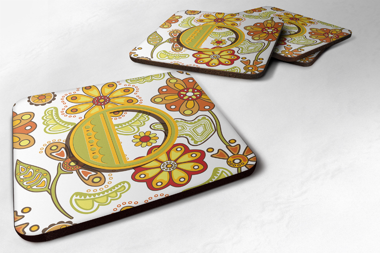 Letter Floral Mustard and Green Foam Coaster Set of 4 - 615872972227