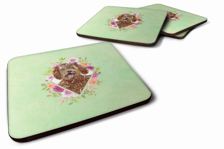 Green Flowers Design with Dog Foam Coaster Set of 4 - 194030077092