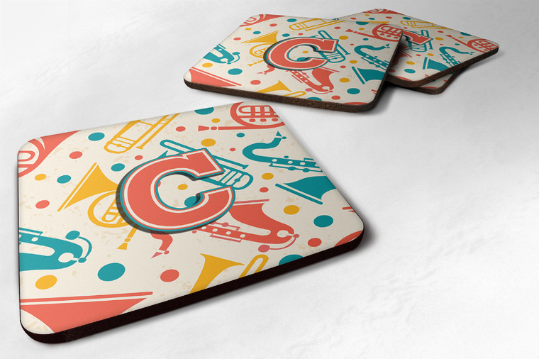 Letter Retro Teal Orange Musical Instruments Initial Foam Coaster Set of 4 - 615872971596