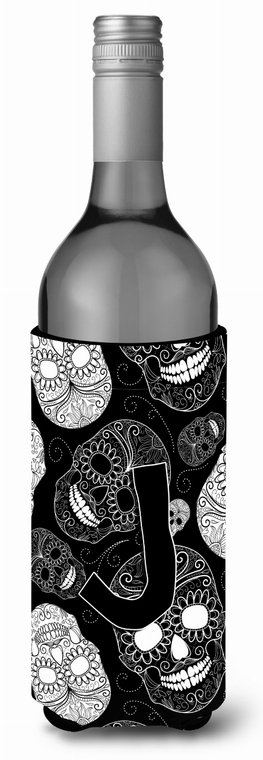 Monogram Letter Day of the Dead Skulls Black Wine Bottle Hugger - 638508019677