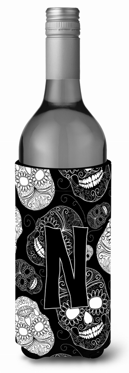 Monogram Letter Day of the Dead Skulls Black Wine Bottle Hugger - 638508019714
