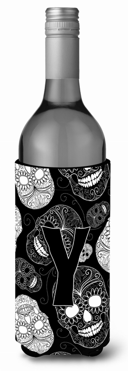 Monogram Letter Day of the Dead Skulls Black Wine Bottle Hugger - 638508019820