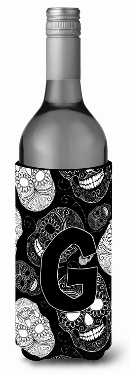 Monogram Letter Day of the Dead Skulls Black Wine Bottle Hugger - 638508019646