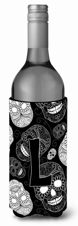 Monogram Letter Day of the Dead Skulls Black Wine Bottle Hugger - 638508019691