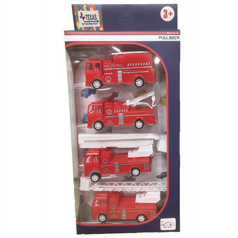 Set of 4 Pull-Back Fire Vehicles in Peggable Retail Box - 667741122943