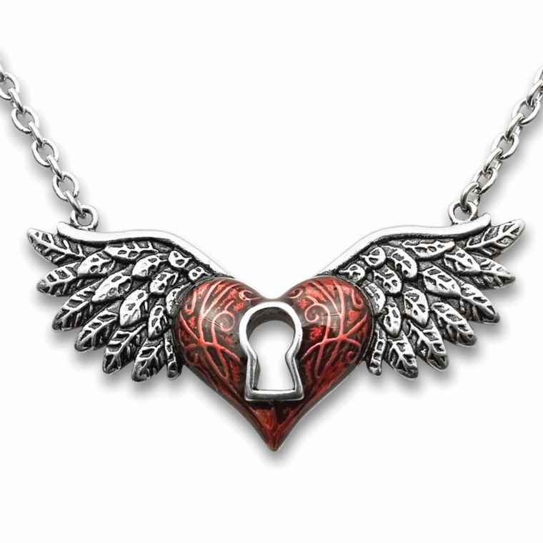 Red Winged Heart Necklace With Keyhole - 734130257620