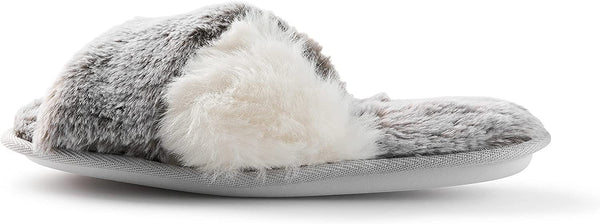 Roxoni Women's Cross Band Real Fur Slipper 2 Tone Color Cozy Warm Comfy Slip On Breathable Open Toe Anti-Skid Rubber Sole - 049108912235