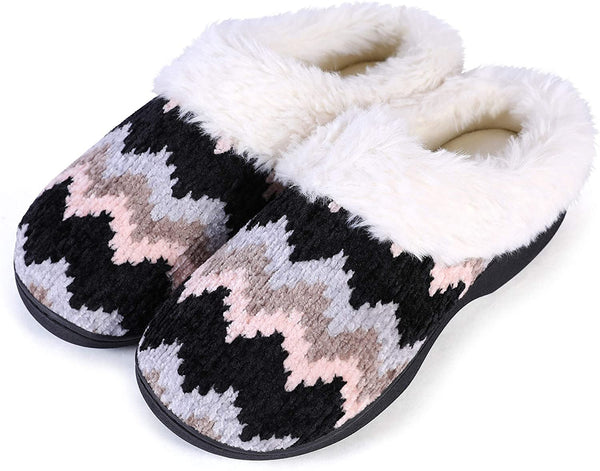 Roxoni Women's Cozy Memory Foam Slippers, Fuzzy Warm Faux Fur Lined, Indoor Outdoor Rubber Sole - 049108124359