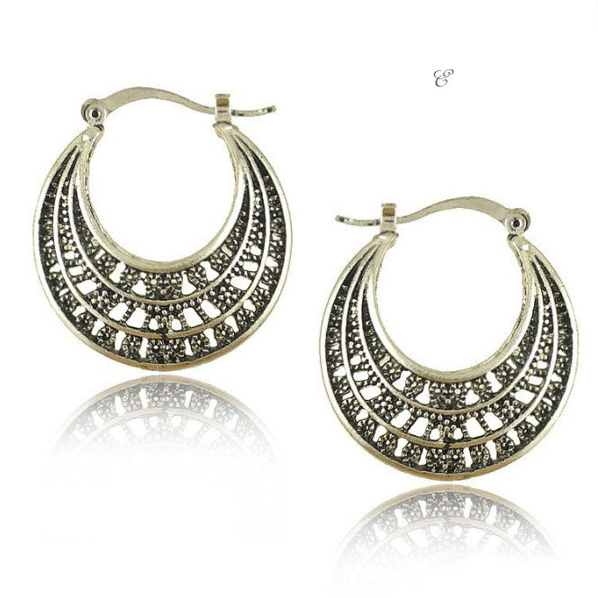 Silver Tribal look Filigree Hoop Earrings For World Traveller - 702921575123