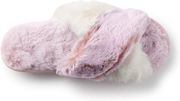 Roxoni Women's Cross Band Real Fur Slipper 2 Tone Color Cozy Warm Comfy Slip On Breathable Open Toe Anti-Skid Rubber Sole - 049108912310