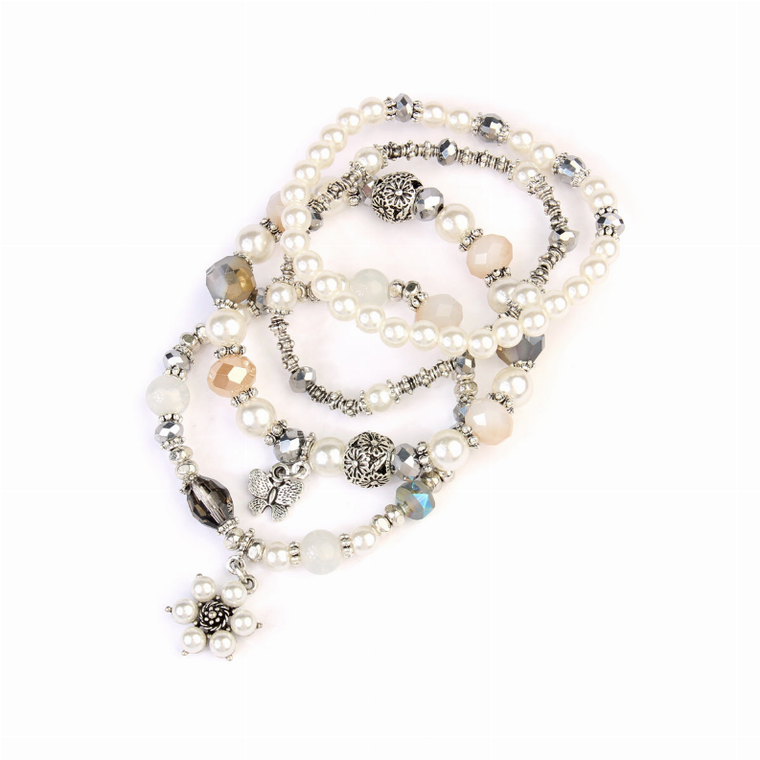 Multi Line Butterfly Pearl Classy Stackable Stretch Beads Bracelets ( Variety Colors Available ) By DOBBI - 880354368922