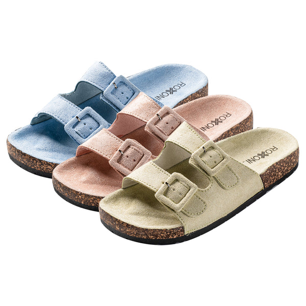 Roxoni Women Comfort Sandals Double Buckle Adjustable EVA Flat Slides Footbed Suede with Arch Support Non-Slip - 049108985195