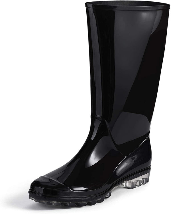 Roxoni Womens Black Rubber Rain Boots 16" Mid Calf Waterproof and Clear Sole - 049108985197