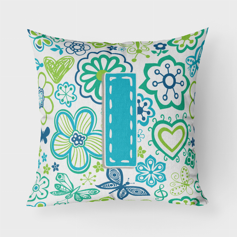 Carolines Treasures, Inc Letter Flowers and Butterflies Teal Blue Fabric Decorative Pillow, Teal Blue, 18x18 Inches - Colorful