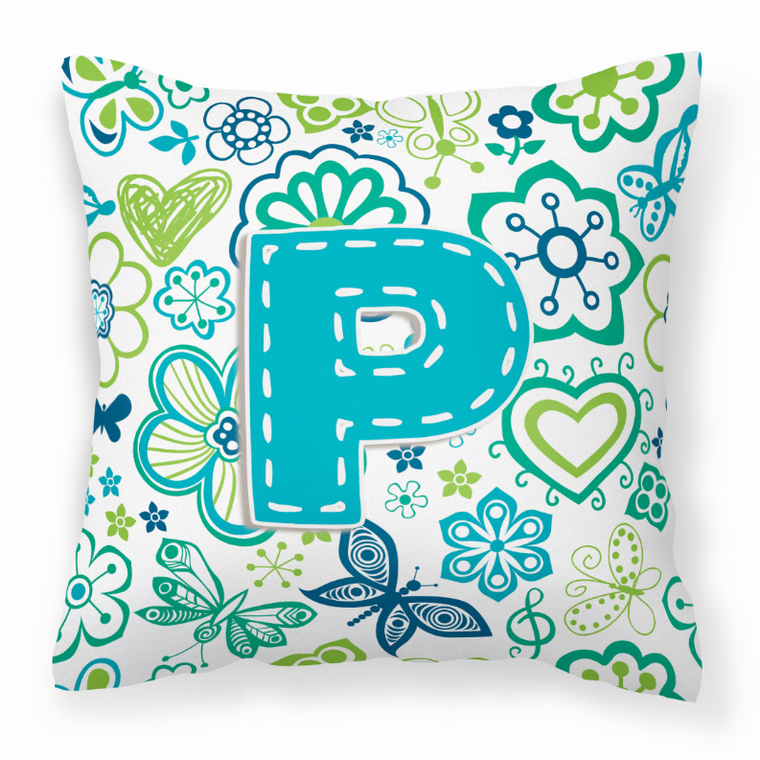 Carolines Treasures, Inc Monogram Letter Flowers and Butterflies Fabric Decorative Pillow, 14x14 Inches, bright, colorful