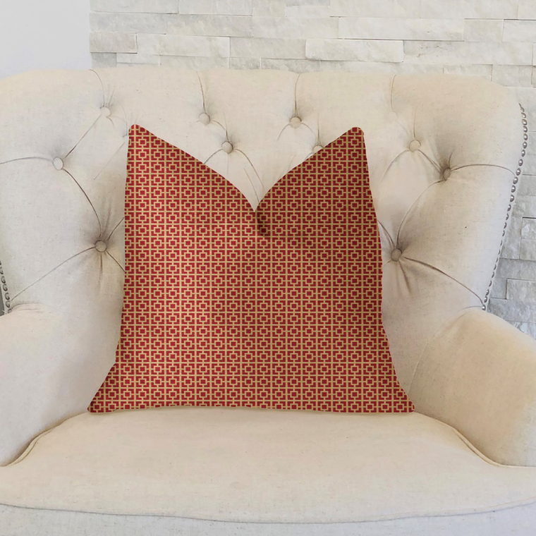 Plutus Crimson Square Red and Beige Luxury Throw Pillow - 663701003154