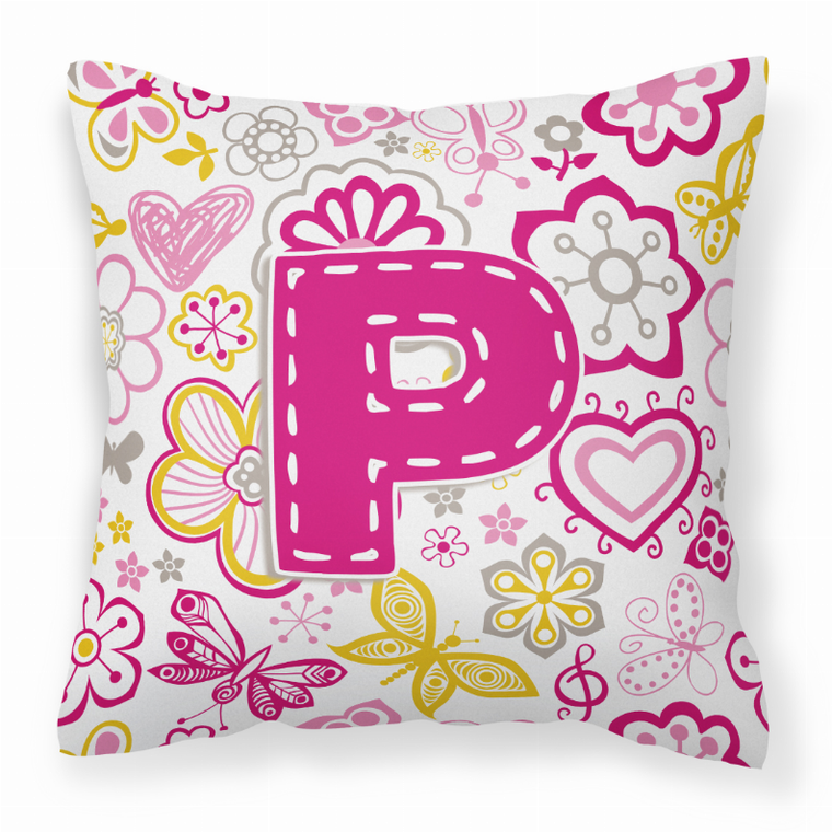 Carolines Treasures Monogram Letter with Flowers and Butterflies Decorative Fabric Pillow, 14 x 14 Inch, Bright & Comfy