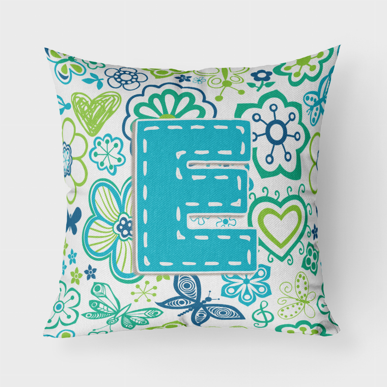 Carolines Treasures, Inc Letter Flowers and Butterflies Teal Blue Fabric Decorative Pillow, Teal Blue, Fun
