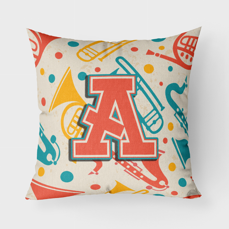 Carolines Treasures, Inc Letter Retro Teal Orange Musical Instruments Initial Fabric Decorative Pillow, Teal Orange, 18x18 Inches - Vibrant