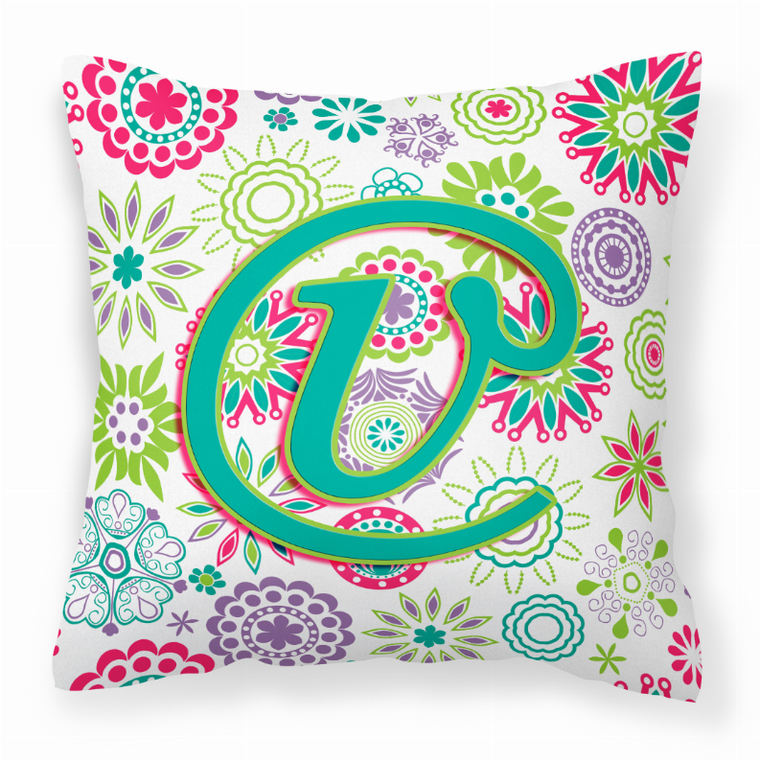 Carolines Treasures Monogram Letter Flowers Fabric Decorative Pillow, Outdoor, 14x14 Inches
