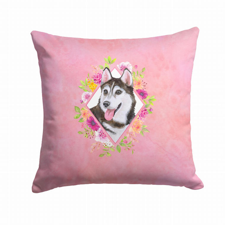Carolines Treasures Floral Design with Dog Picture Fabric Decorative Pillow, 14 X 14 Inches, Polyester, Accent Pillow