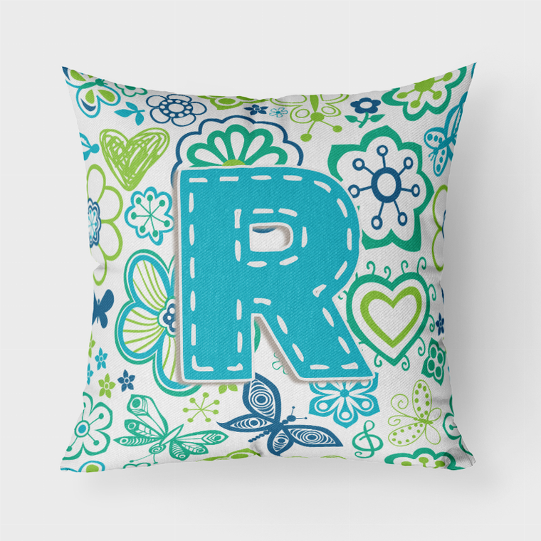 Carolines Treasures Letter Flowers and Butterflies Teal Blue Fabric Decorative Pillow, Teal Blue, 18x18 Inches, Durable