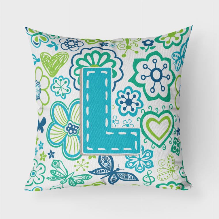 Carolines Treasures Letter Flowers and Butterflies Teal Blue Fabric Decorative Pillow, Teal Blue, 18 x 18 Inches, Bright