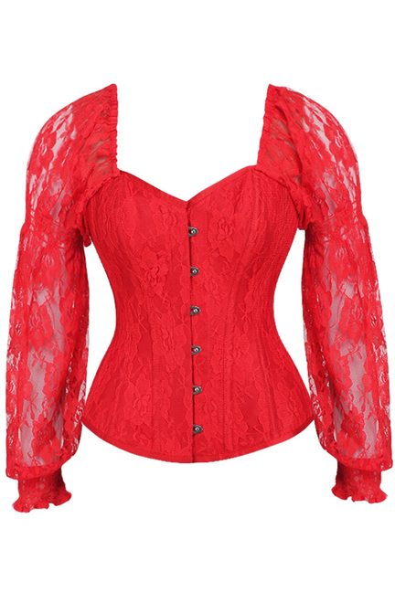 Top Drawer Red with Red Lace Steel Boned Long Sleeve Corset - 810112205701