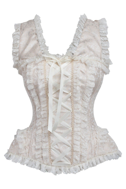 Top Drawer Ivory Brocade & Lace Steel Boned Corset with Cap Sleeves - 840389602613
