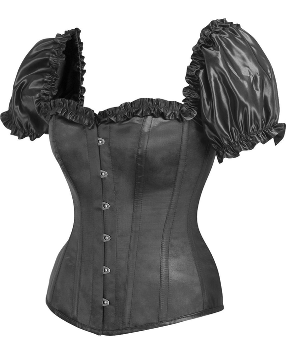 Top Drawer Steel Boned Black Satin Overbust Corset with Sleeves - 810112209280