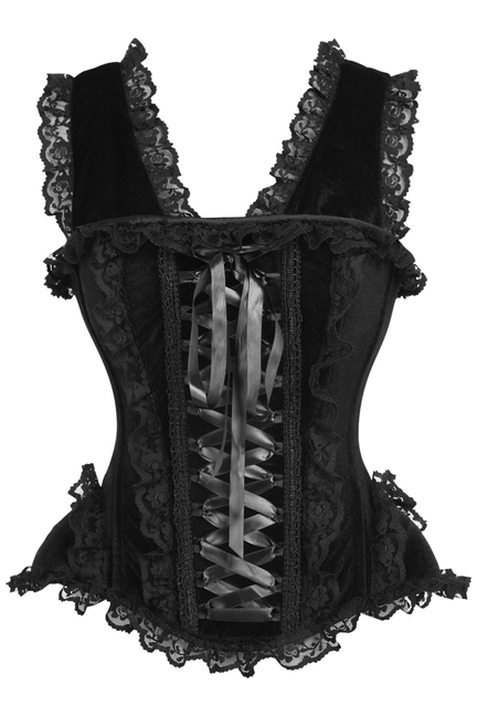 Top Drawer Black Velvet & Lace Steel Boned Corset with Cap Sleeves - 840389608011