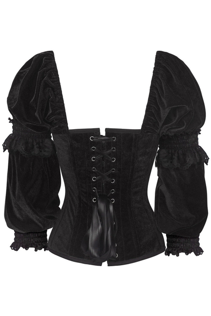 Top Drawer Black Velvet Steel Boned Long Sleeve Corset - 810112201406