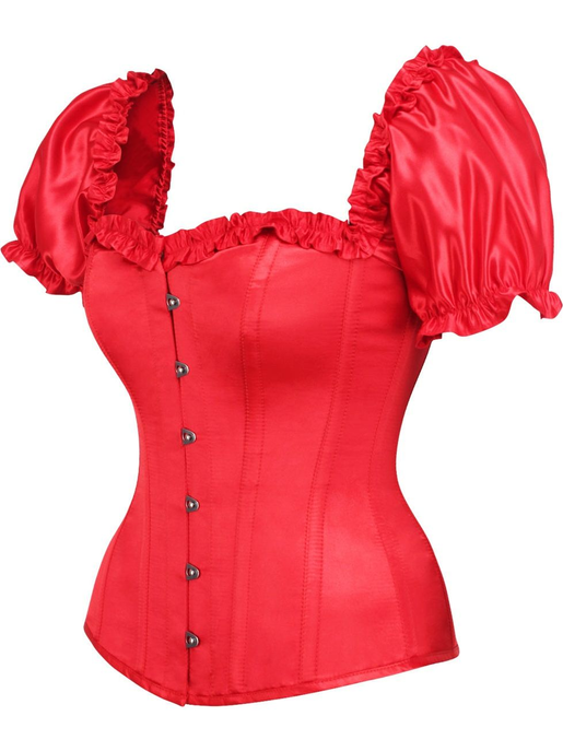 Top Drawer Steel Boned Red Satin Overbust Corset with Sleeves - 810112207620
