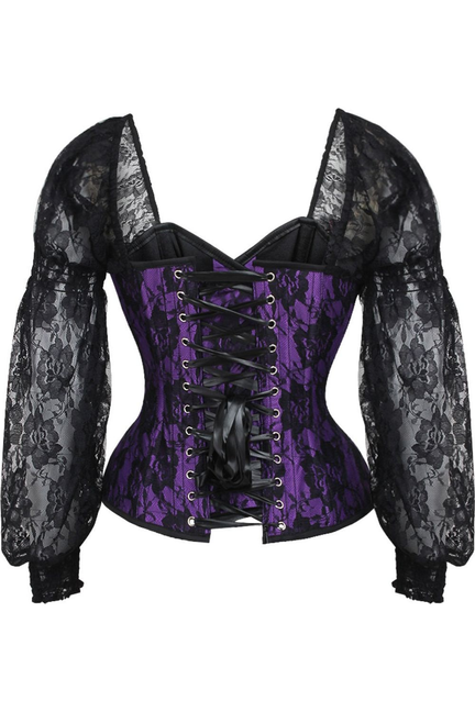 Top Drawer Purple with Black Lace Steel Boned Long Sleeve Corset - 810112207767