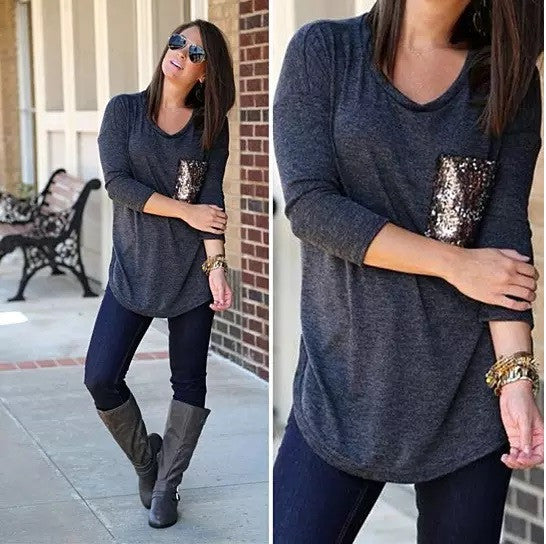 Queenie Tunic Top With Sequined Pocket - 702921592700