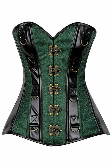 Top Drawer Brocade & Faux Leather Steel Boned Corset - 635409142404