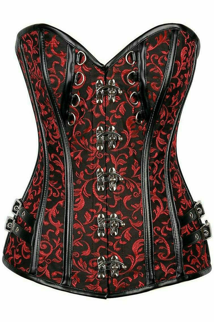 Top Drawer Brocade & Faux Leather Steel Boned Corset - 782588099668