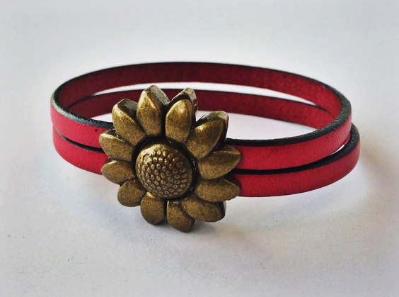 Silver/Brass Flower Leather Bracelet - 000854125425