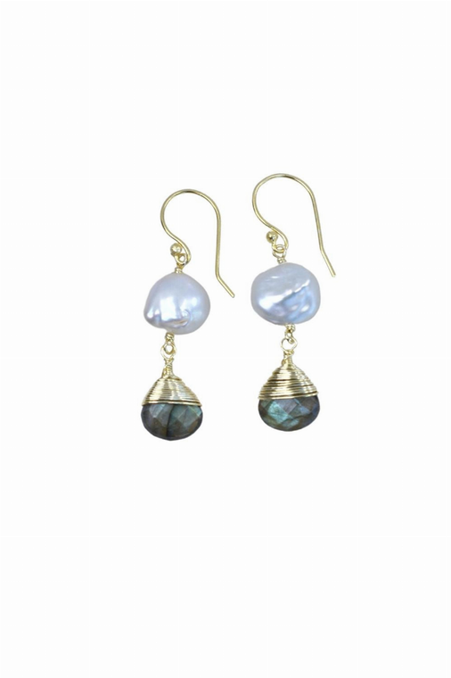 Pearl Earring with Hand Wrapped Labradorite Earring - 197094669173