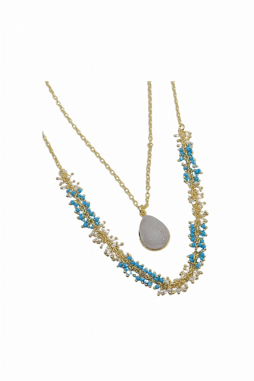 Gold Two-Strand Necklace with Turquoise and Pearl Beads and White Druzy Pendant - 196704173505