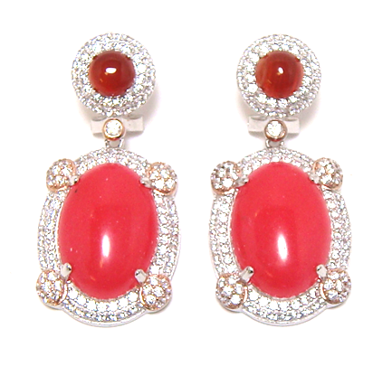 Red Agate & Jade Oval Shape Dangle Earrings, 925 Sterling Silver - 000354896955