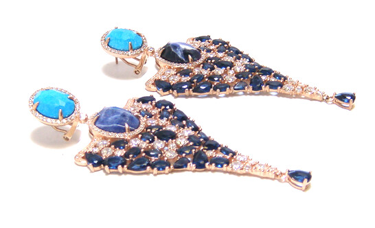 Turquoise & Sodalite, Dangle Earrings, 925 Sterling Silver - 000354897079