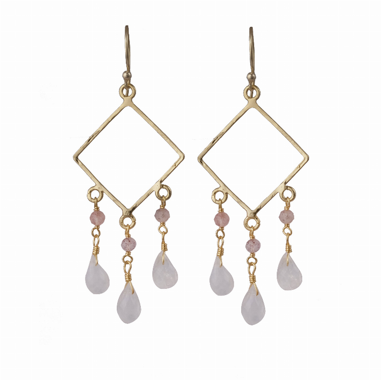Diamond-Shaped Earring With Cherry Quartz and Moonstone Drops - 196704534252