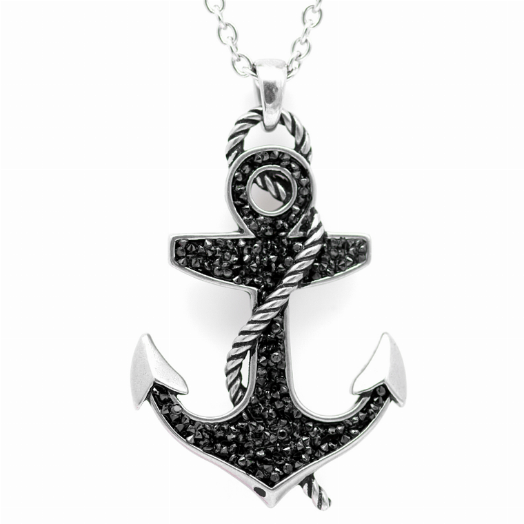 Black Stoned Anchor Necklace - 734130257842