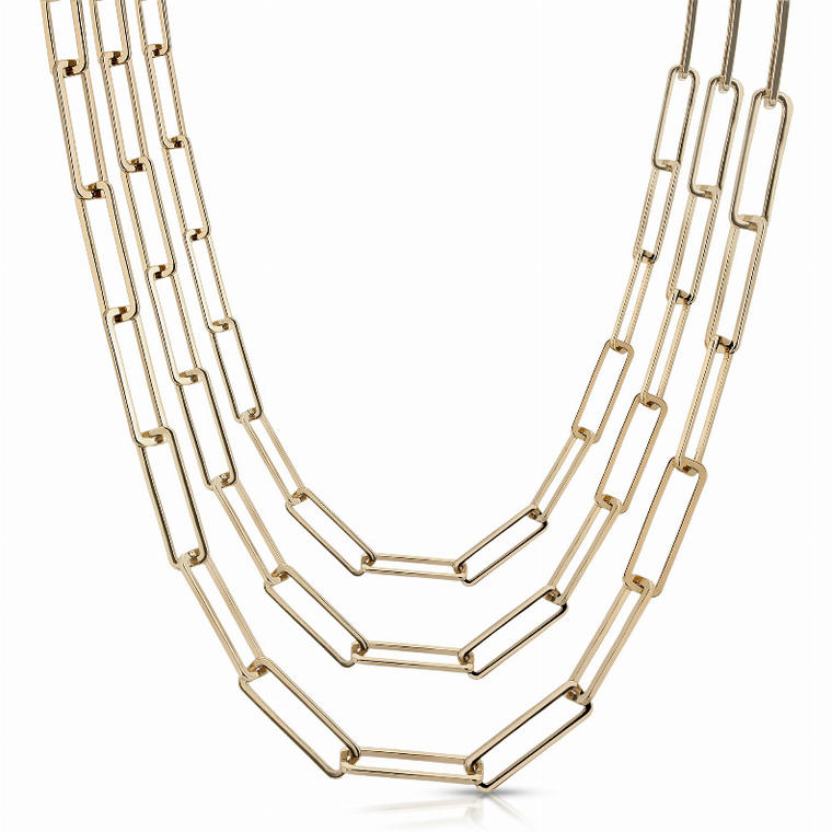 Eklexic Triple Large Rectangle Link Chain Necklace, 10K Gold and Rhodium Plated, Handmade in USA