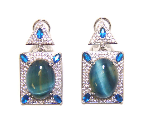Blue Tiger's Eye Dangle Earrings, 925 Sterling Silver, Platinum Embraced - 000354896817