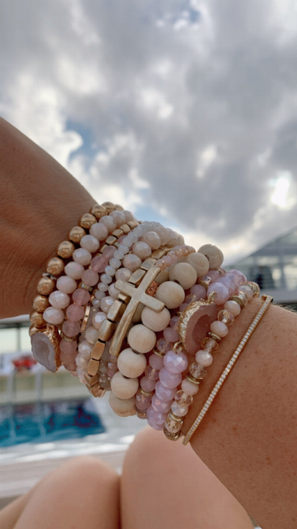 Pink Druzy and Crystal Beaded Stretch Bracelet - 810104072533