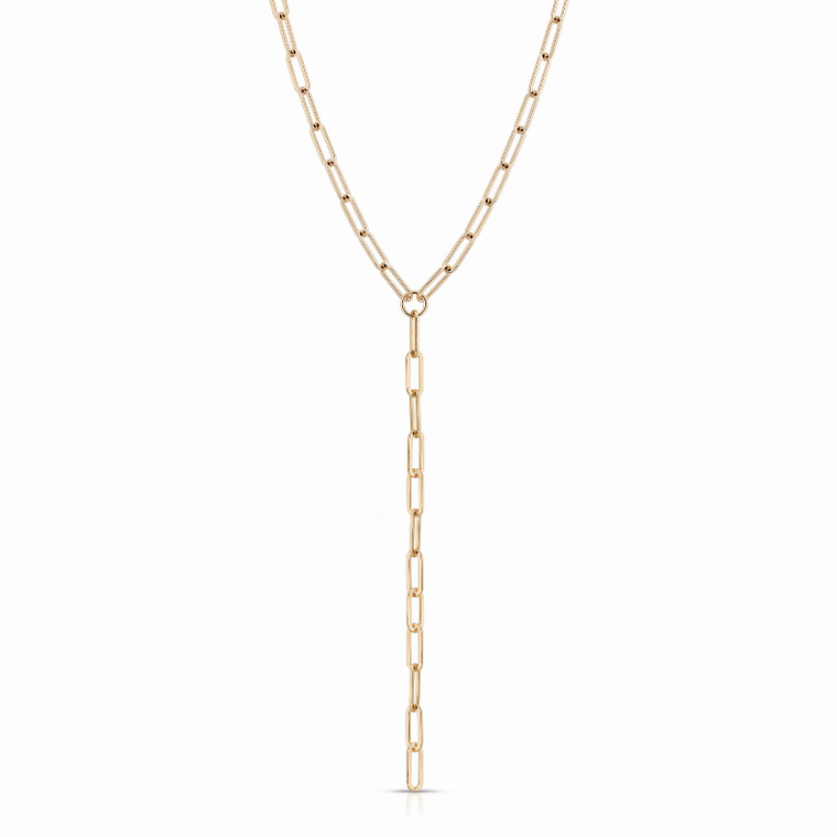 Eklexic Large Elongated Link Lariat, Brass Plated 10K Gold, 26 Inch, Bold Long Style