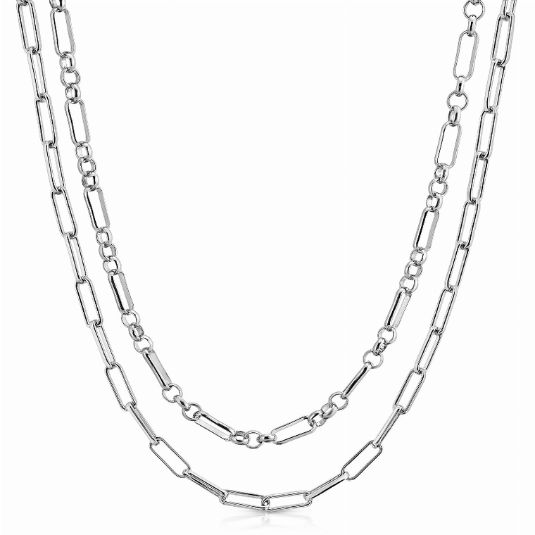 Silver Double Small Multi Link & Elongated Link Chain Necklace - 000354785905